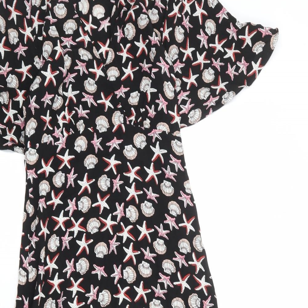 Marks and Spencer Womens Black Geometric Viscose A-Line Size 6 V-Neck Zip - Seashells Print