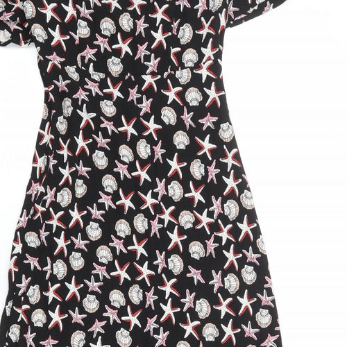 Marks and Spencer Womens Black Geometric Viscose A-Line Size 6 V-Neck Zip - Seashells Print