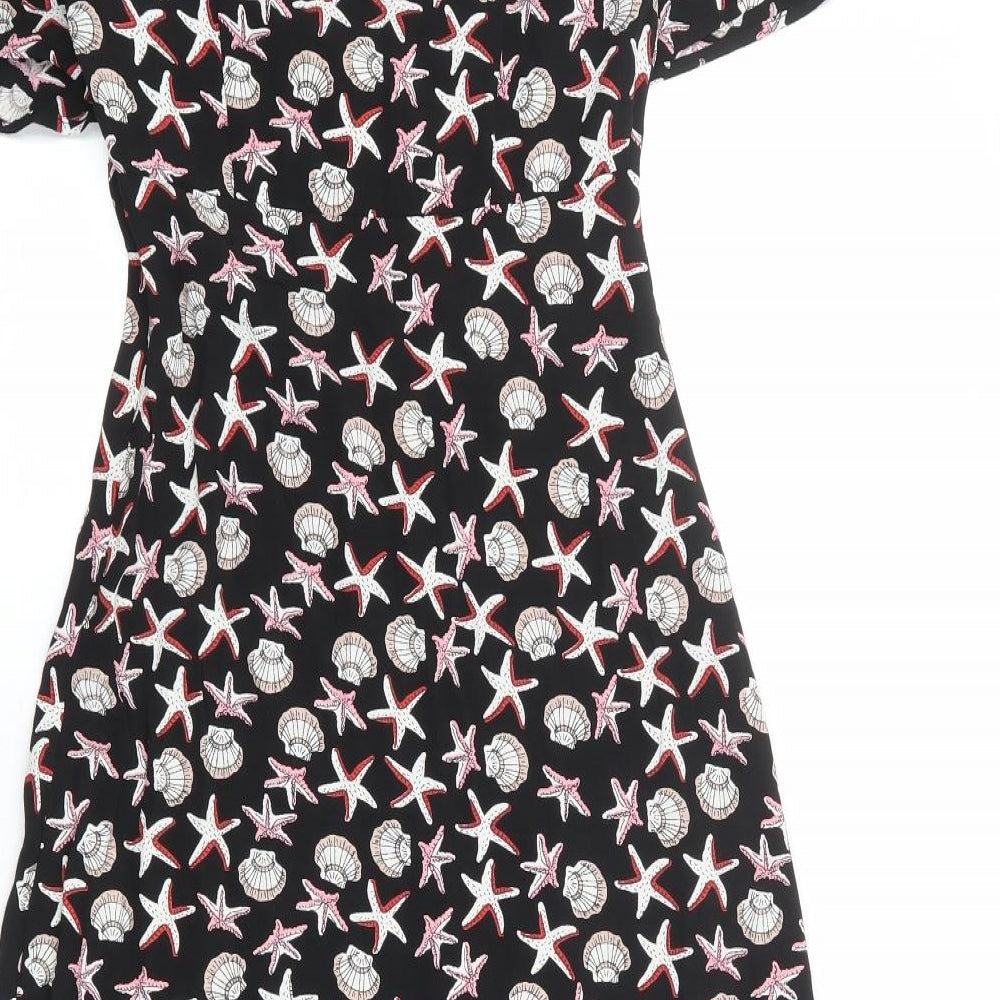 Marks and Spencer Womens Black Geometric Viscose A-Line Size 6 V-Neck Zip - Seashells Print