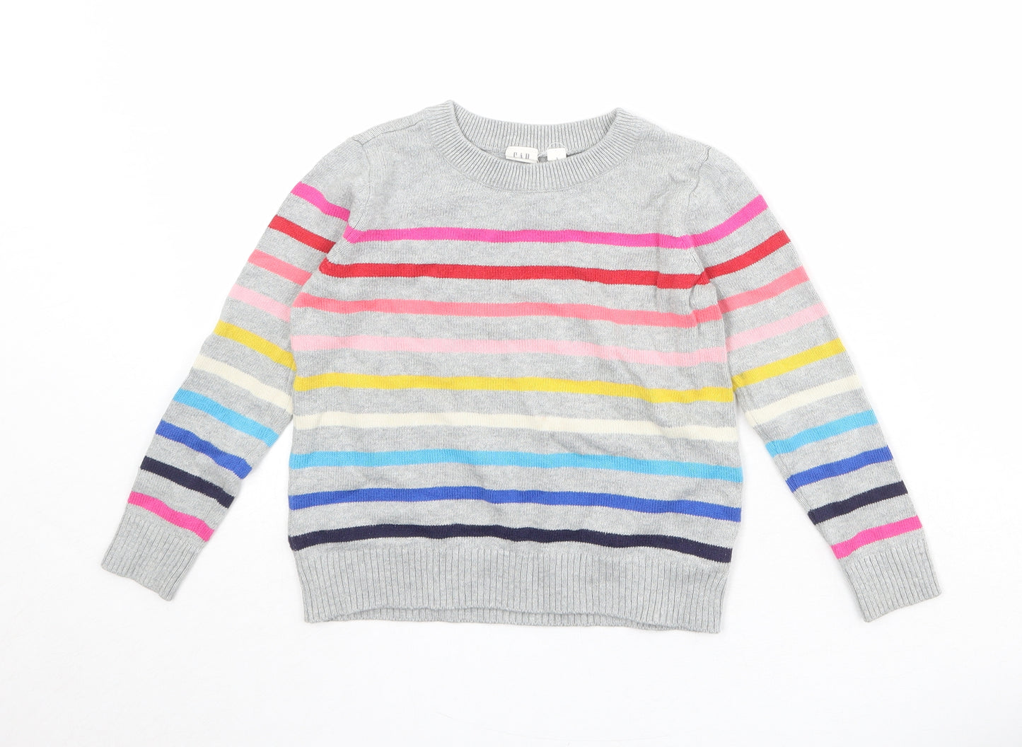 Gap Girls Grey Crew Neck Striped 100% Cotton Pullover Jumper Size S Pullover