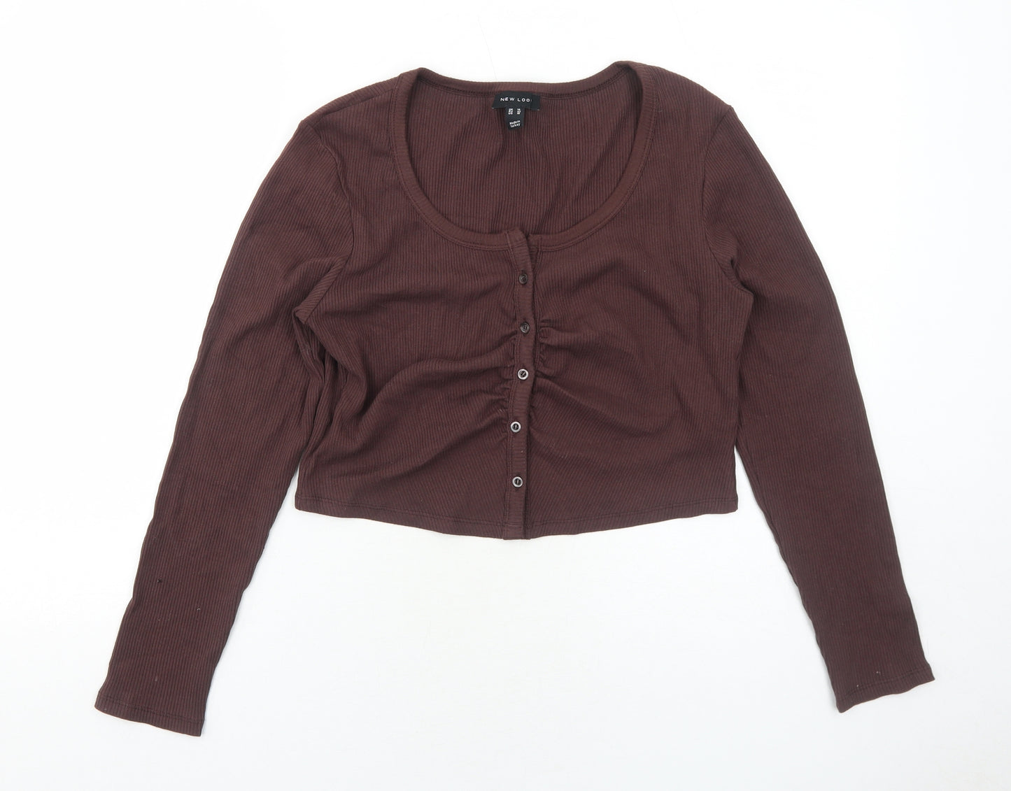 New Look Womens Brown Cotton Cropped Button-Up Size 14 Scoop Neck