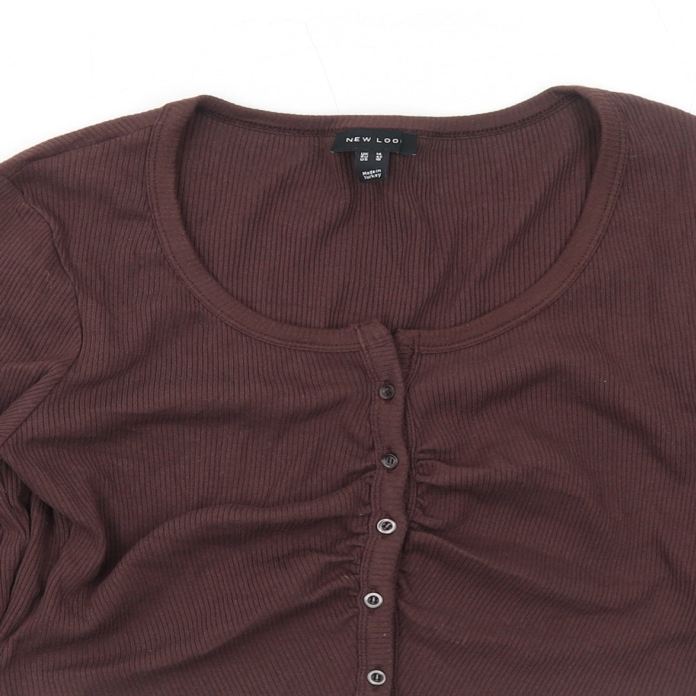 New Look Womens Brown Cotton Cropped Button-Up Size 14 Scoop Neck