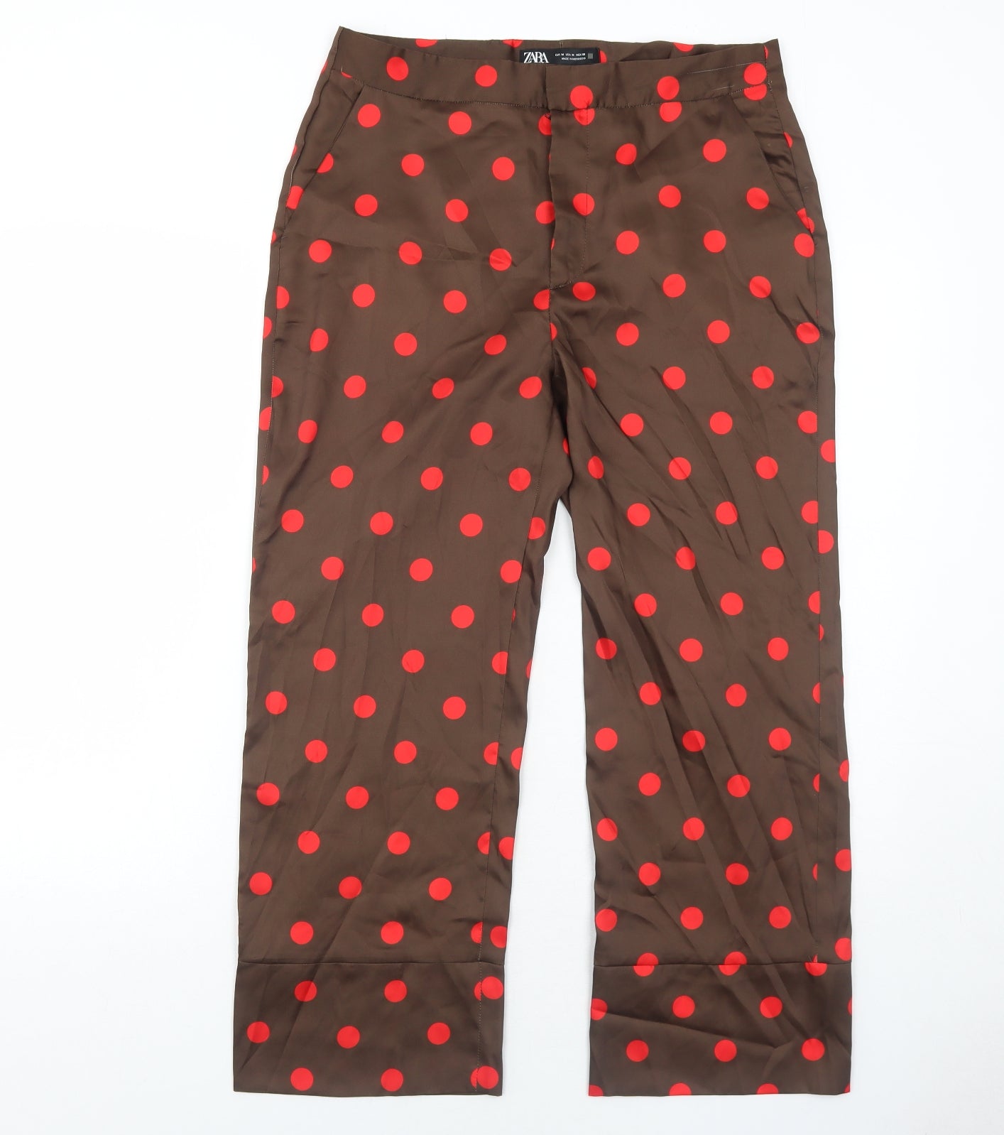 Zara Womens Brown Polka Dot Polyester Trousers Size M Regular Zip