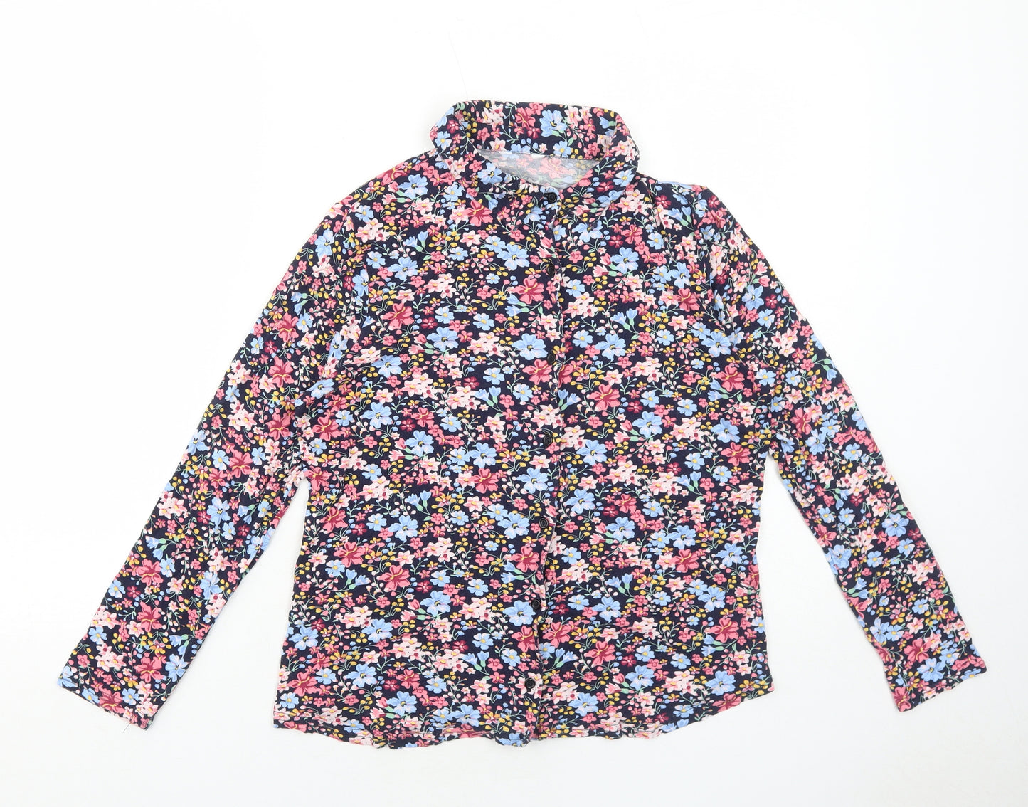M&Co Womens Blue Floral Viscose Basic Button-Up Size 12 Collared