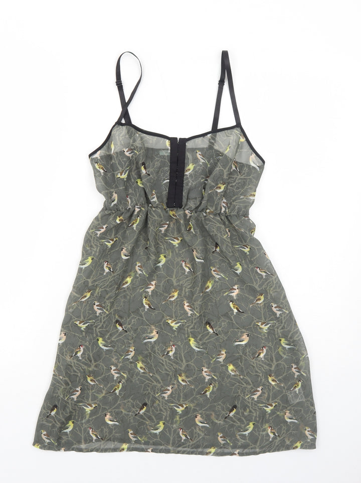 Kimchi Blue Womens Green Geometric Polyester Slip Dress Size XS Square Neck Hook & Eye - Bird Pattern