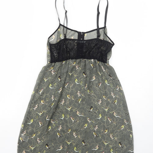 Kimchi Blue Womens Green Geometric Polyester Slip Dress Size XS Square Neck Hook & Eye - Bird Pattern