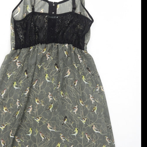 Kimchi Blue Womens Green Geometric Polyester Slip Dress Size XS Square Neck Hook & Eye - Bird Pattern