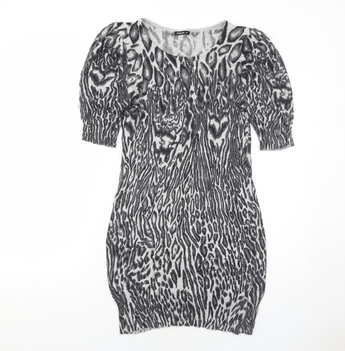 Roman Womens Grey Animal Print Polyamide Jumper Dress Size 10 Round Neck Pullover - Leopard Pattern