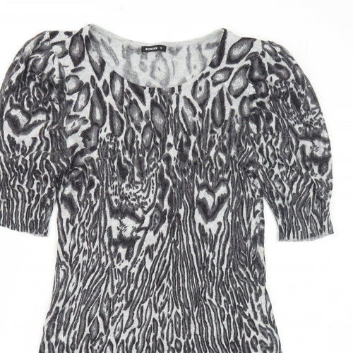 Roman Womens Grey Animal Print Polyamide Jumper Dress Size 10 Round Neck Pullover - Leopard Pattern