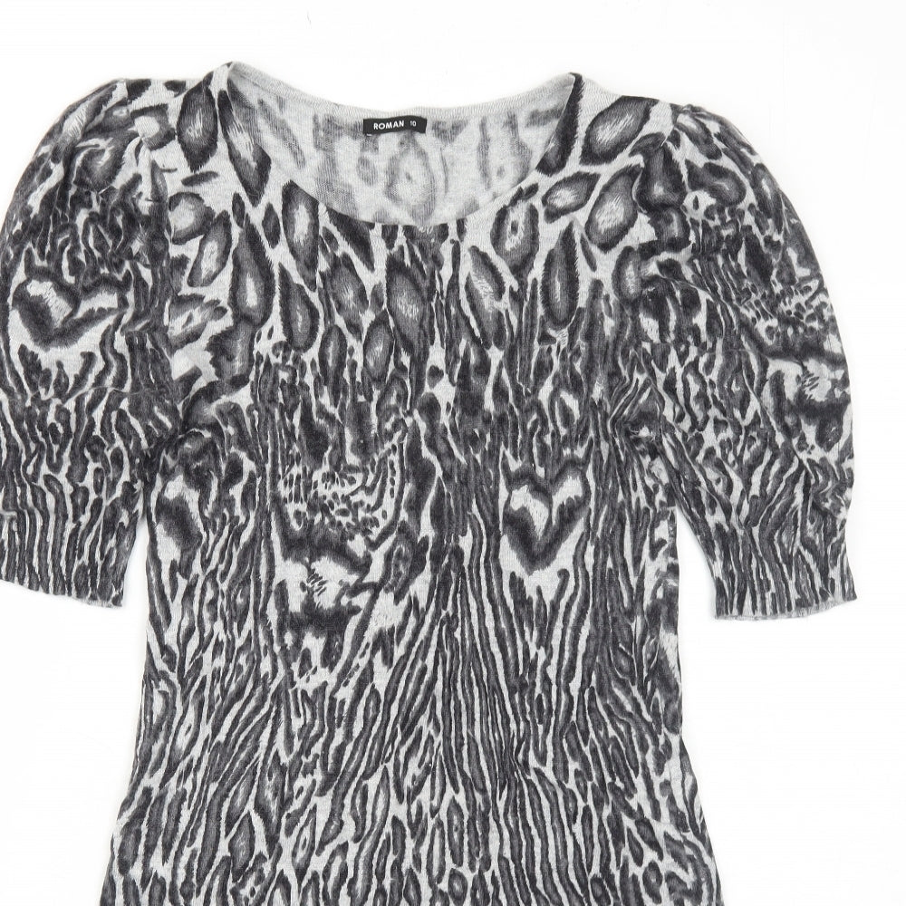 Roman Womens Grey Animal Print Polyamide Jumper Dress Size 10 Round Neck Pullover - Leopard Pattern