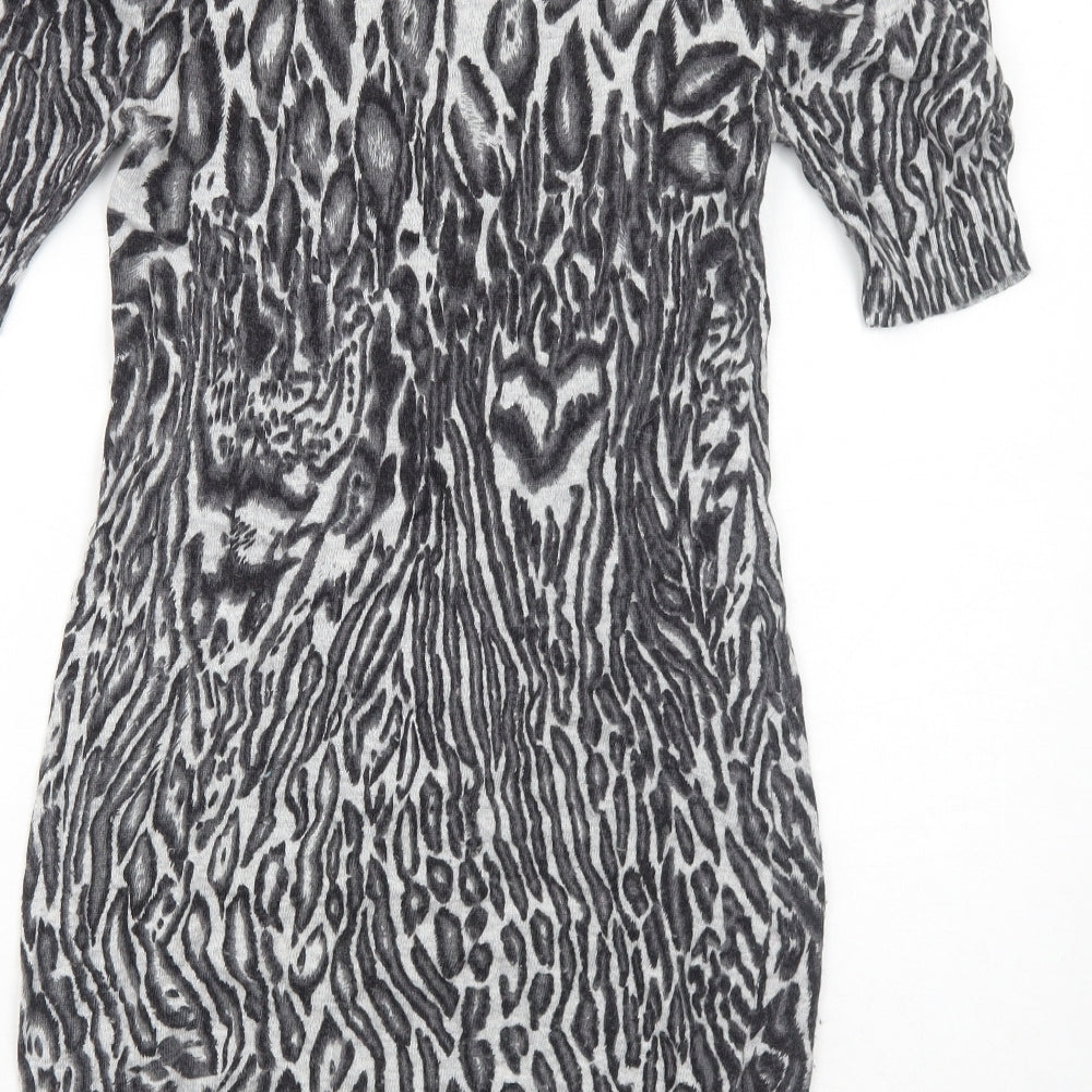 Roman Womens Grey Animal Print Polyamide Jumper Dress Size 10 Round Neck Pullover - Leopard Pattern