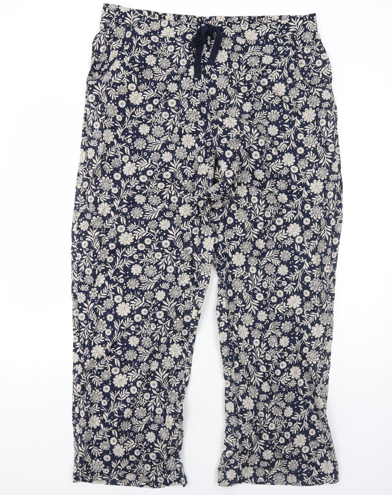 Seasalt Womens Blue Floral Cotton Trousers Size 16 Regular Drawstring