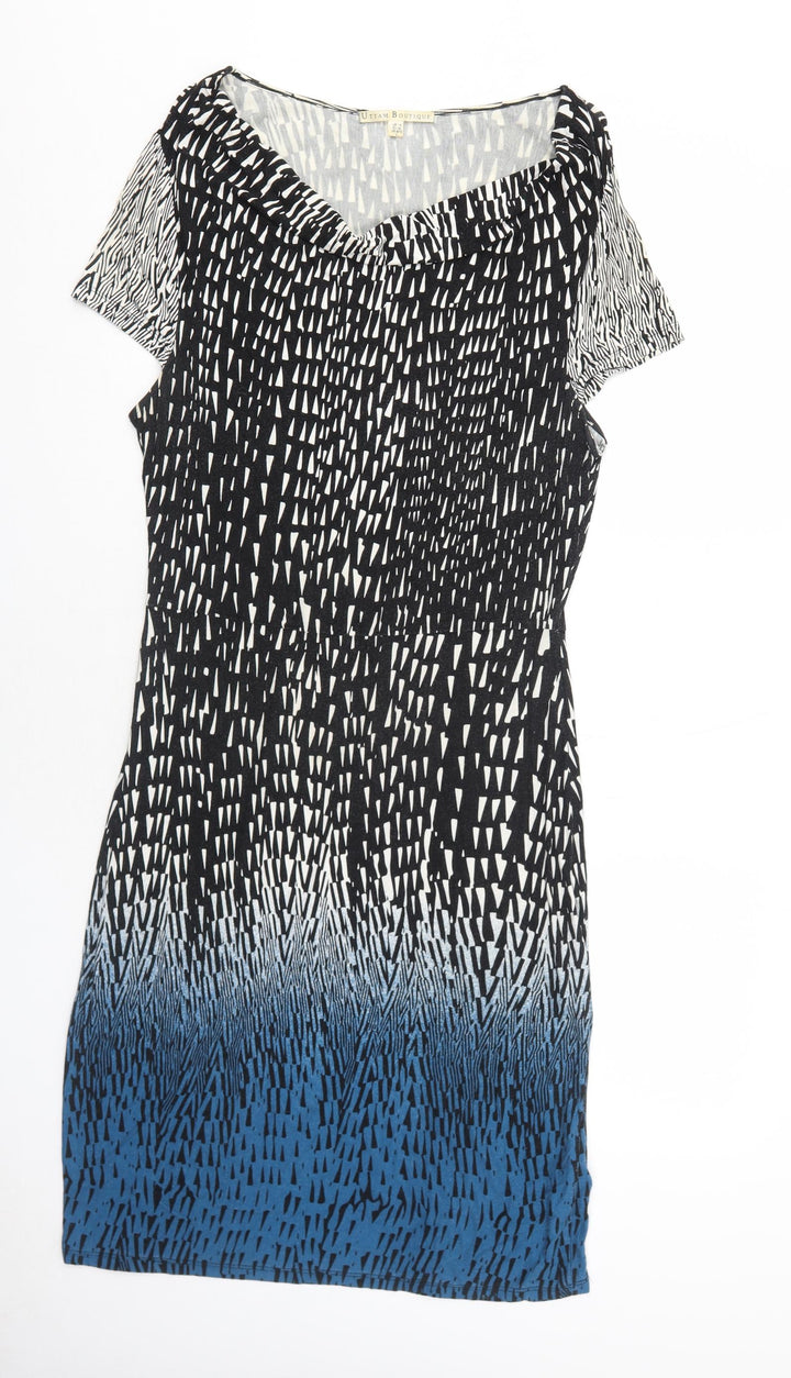 Uttam Boutique Womens Black Geometric Viscose Shift Size 14 V-Neck Pullover