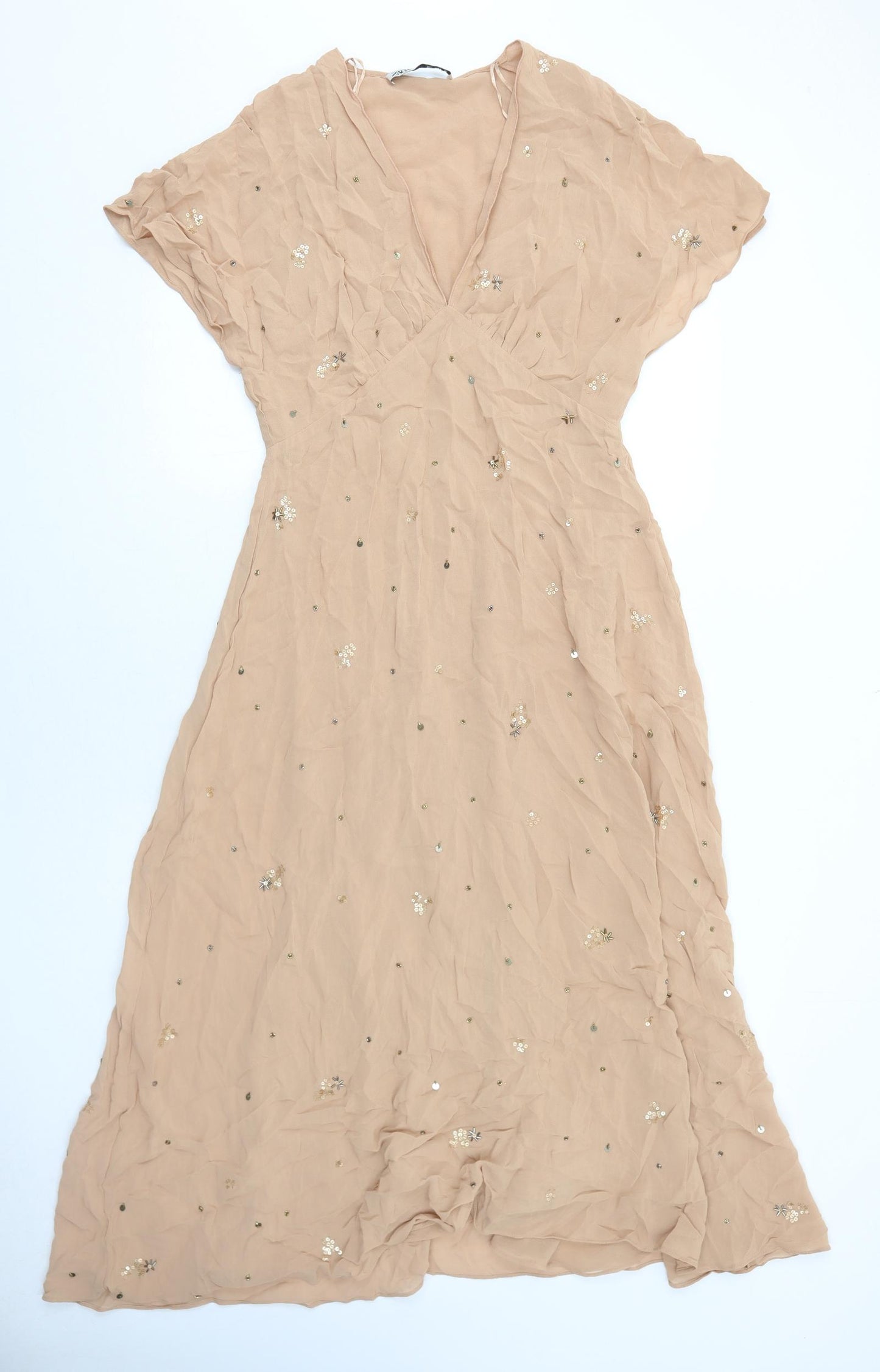 Zara Womens Beige Geometric Polyester Trapeze & Swing Size M V-Neck Pullover