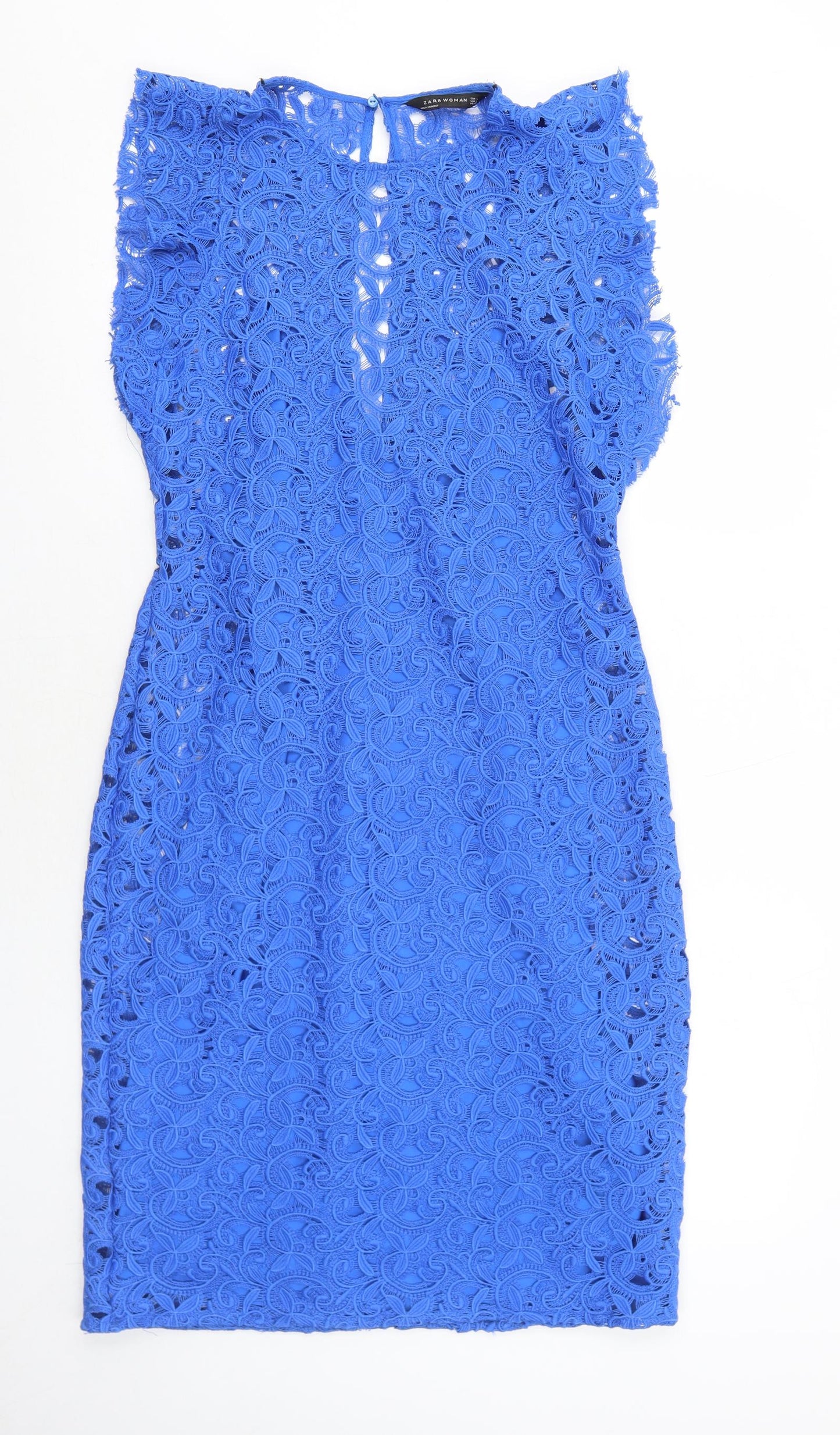 Zara Womens Blue Geometric Polyester Shift Size L Round Neck Zip