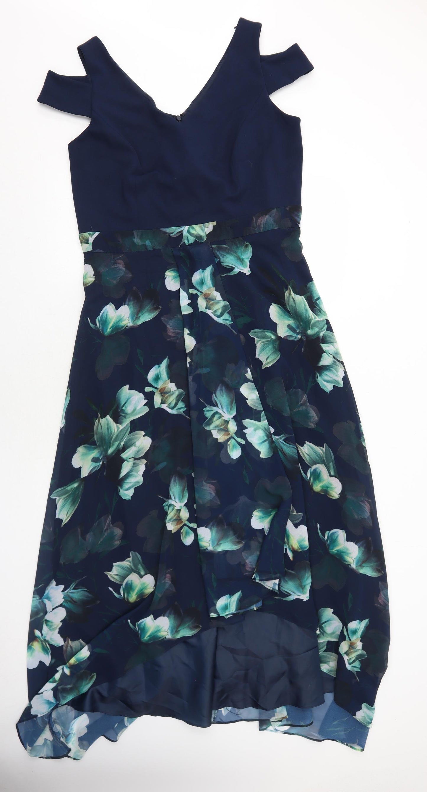Roman Womens Blue Floral Polyester Trapeze & Swing Size 16 V-Neck Zip - Cold Shoulder