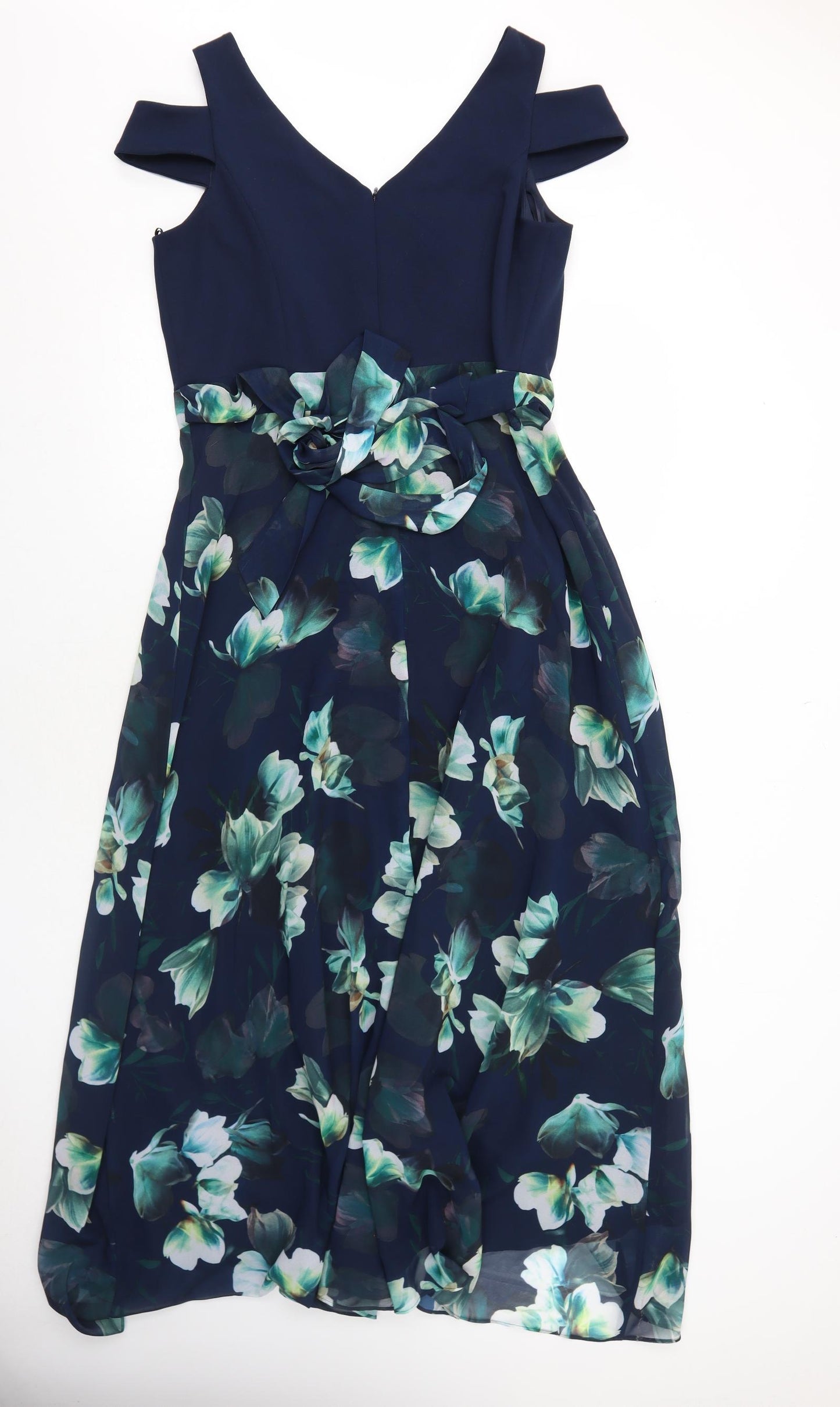 Roman Womens Blue Floral Polyester Trapeze & Swing Size 16 V-Neck Zip - Cold Shoulder