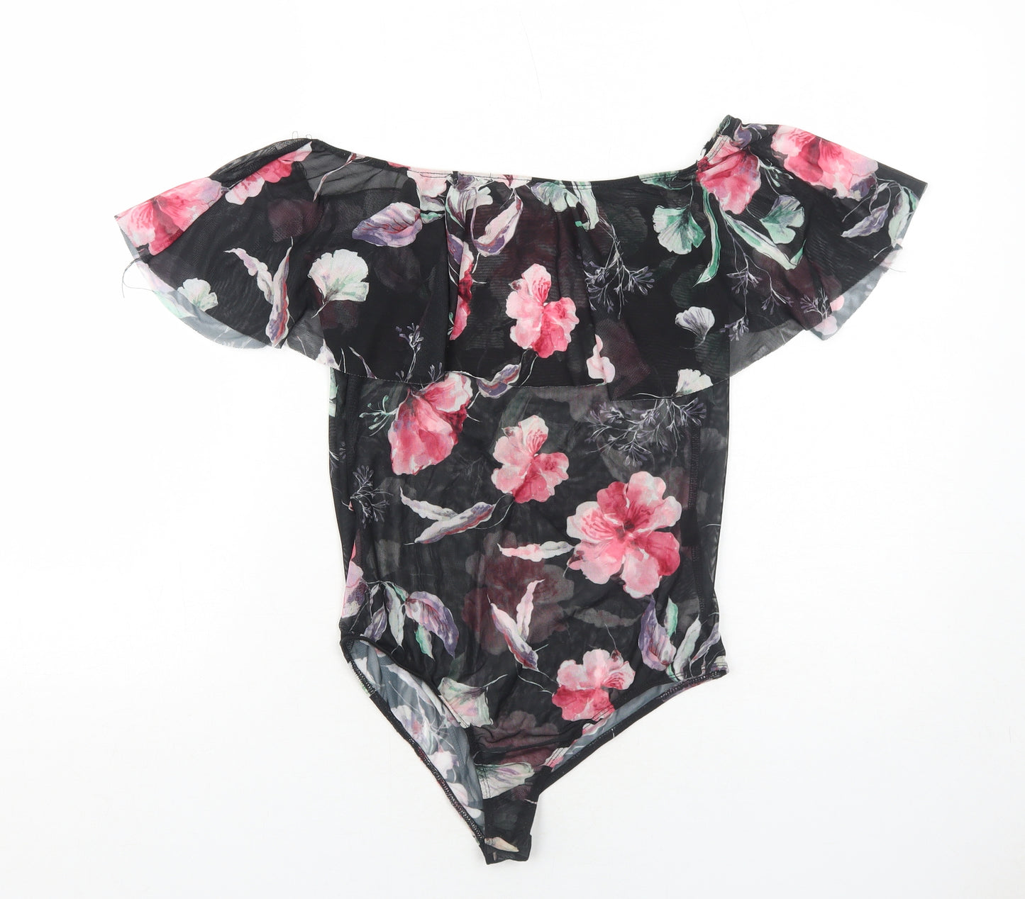 New Look Womens Black Floral Polyester Bodysuit One-Piece Size 12 Snap