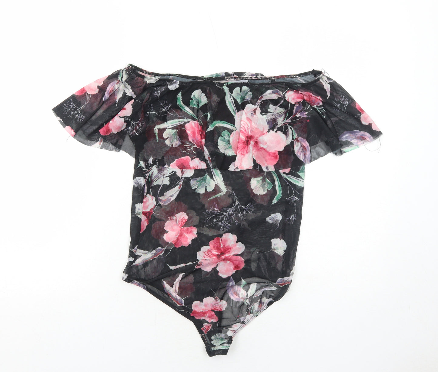 New Look Womens Black Floral Polyester Bodysuit One-Piece Size 12 Snap