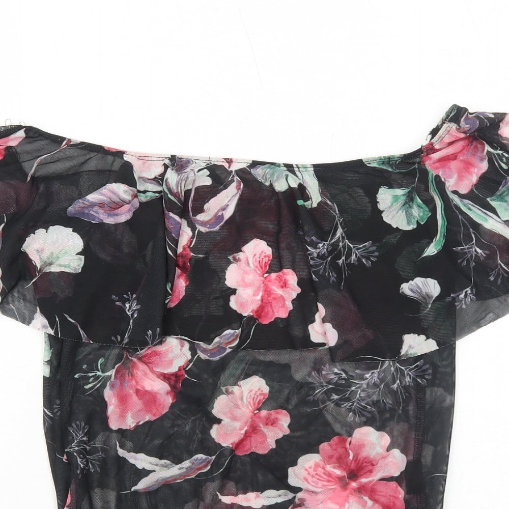 New Look Womens Black Floral Polyester Bodysuit One-Piece Size 12 Snap