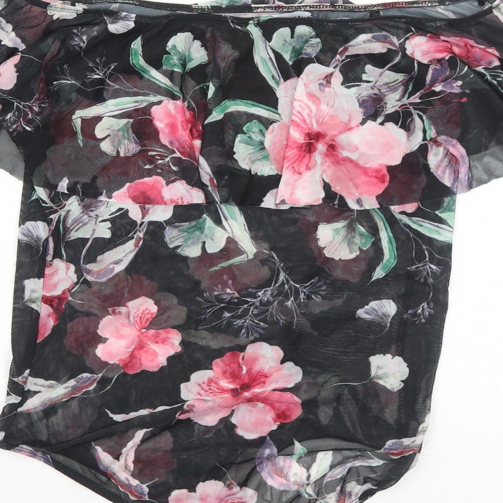 New Look Womens Black Floral Polyester Bodysuit One-Piece Size 12 Snap