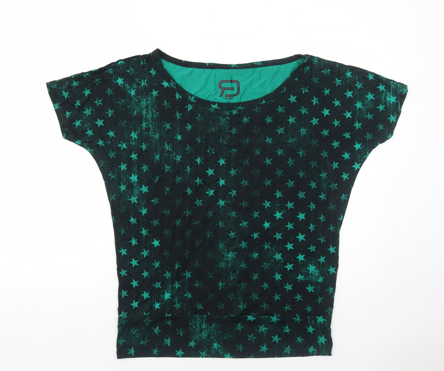 EMP Womens Green Geometric Viscose Basic T-Shirt Size L Round Neck - Star Print