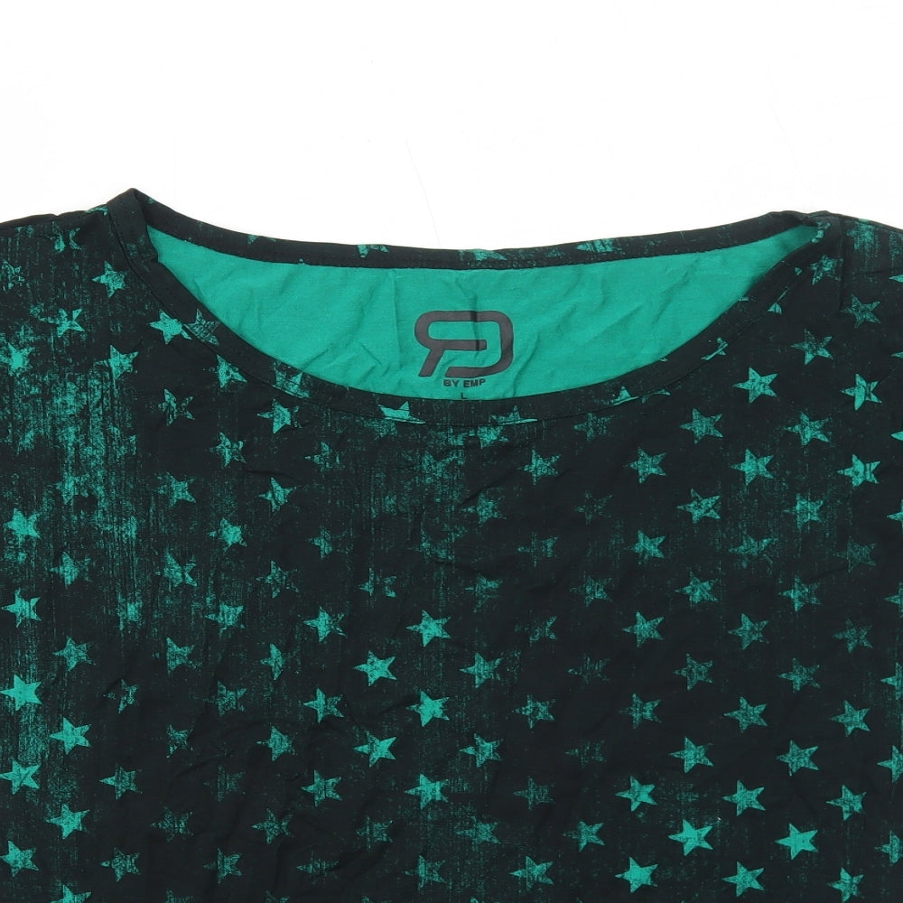EMP Womens Green Geometric Viscose Basic T-Shirt Size L Round Neck - Star Print