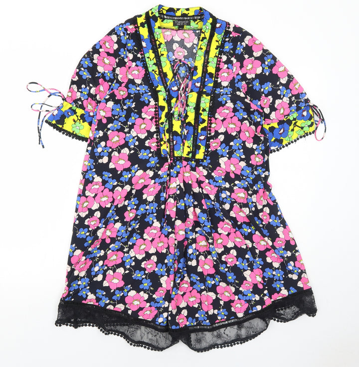 Topshop Womens Multicoloured Floral Polyamide Trapeze & Swing Size 8 V-Neck Pullover