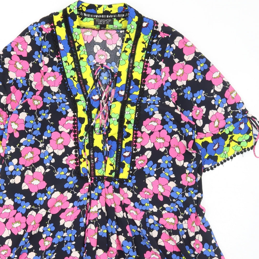 Topshop Womens Multicoloured Floral Polyamide Trapeze & Swing Size 8 V-Neck Pullover