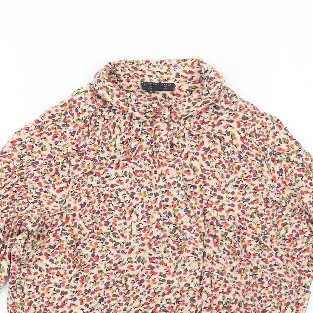 Topshop Womens Pink Geometric Viscose Basic Button-Up Size 8 Collared