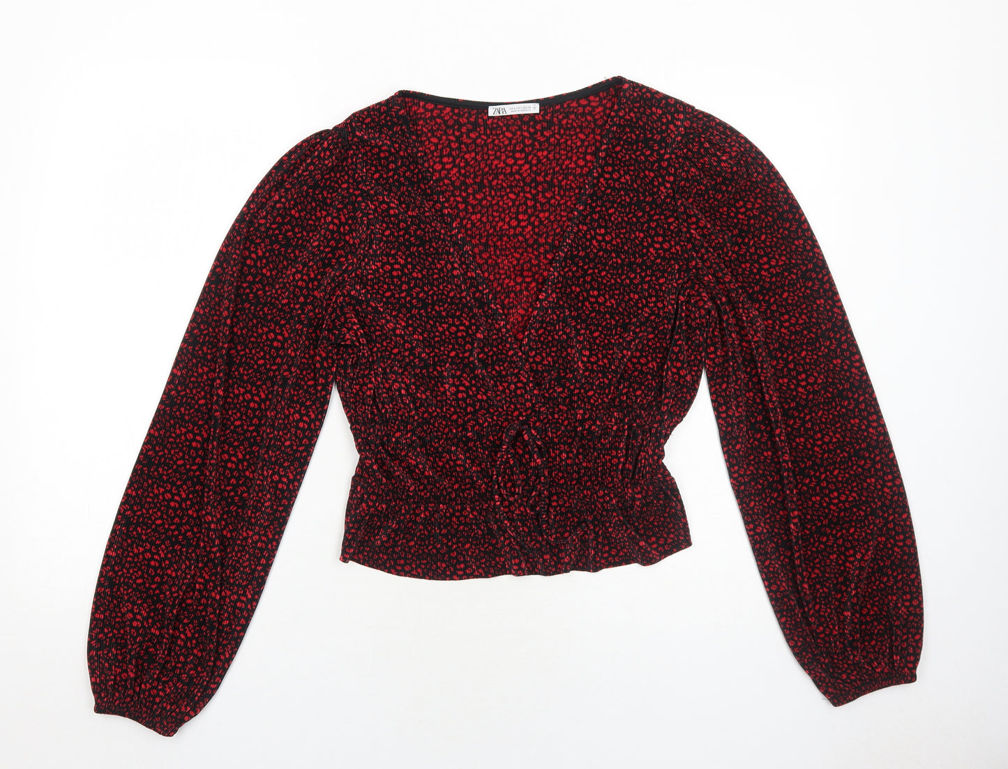 Zara Womens Red Geometric Polyester Basic Blouse Size L V-Neck