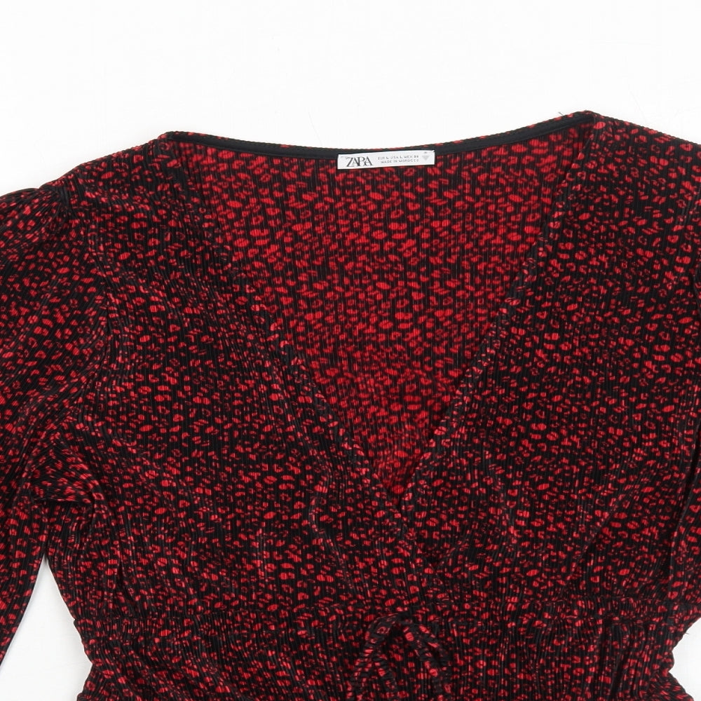 Zara Womens Red Geometric Polyester Basic Blouse Size L V-Neck