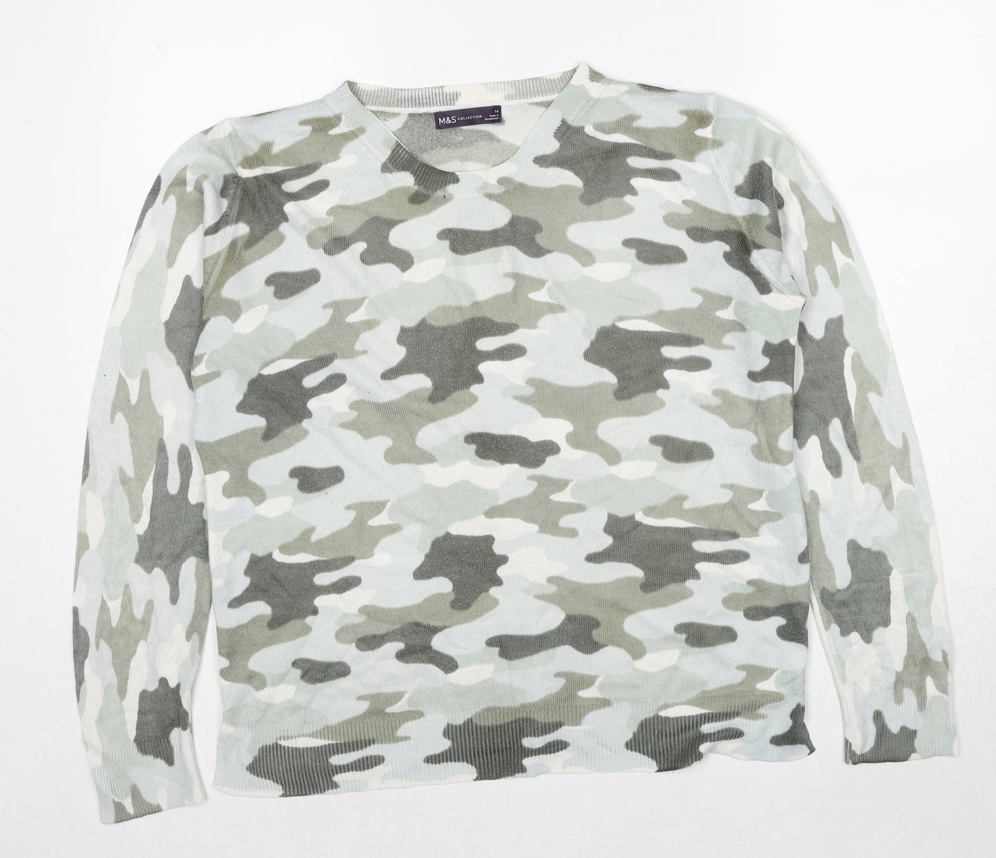 Marks and Spencer Womens Green V-Neck Camouflage Acrylic Pullover Jumper Size 14