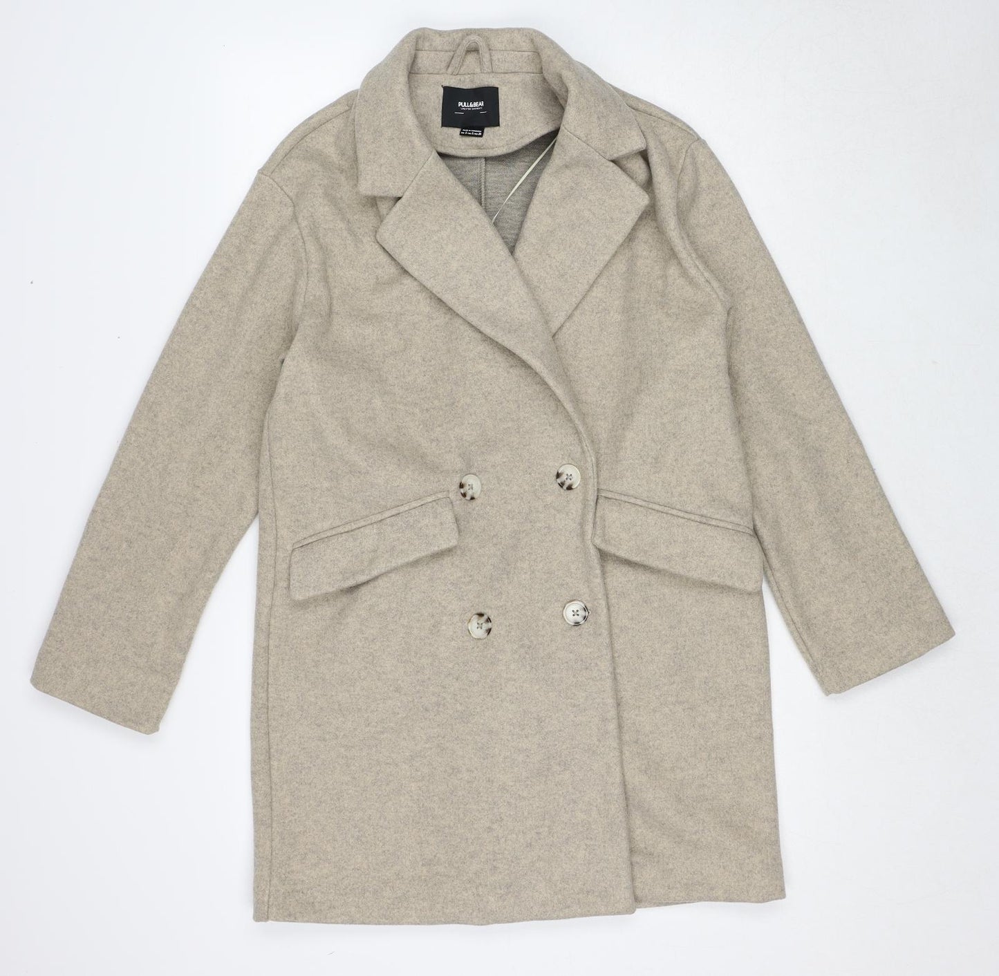 Pull&Bear Womens Beige Geometric Overcoat Coat Size S Button