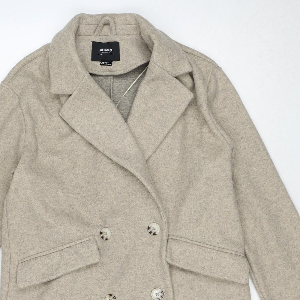 Pull&Bear Womens Beige Geometric Overcoat Coat Size S Button
