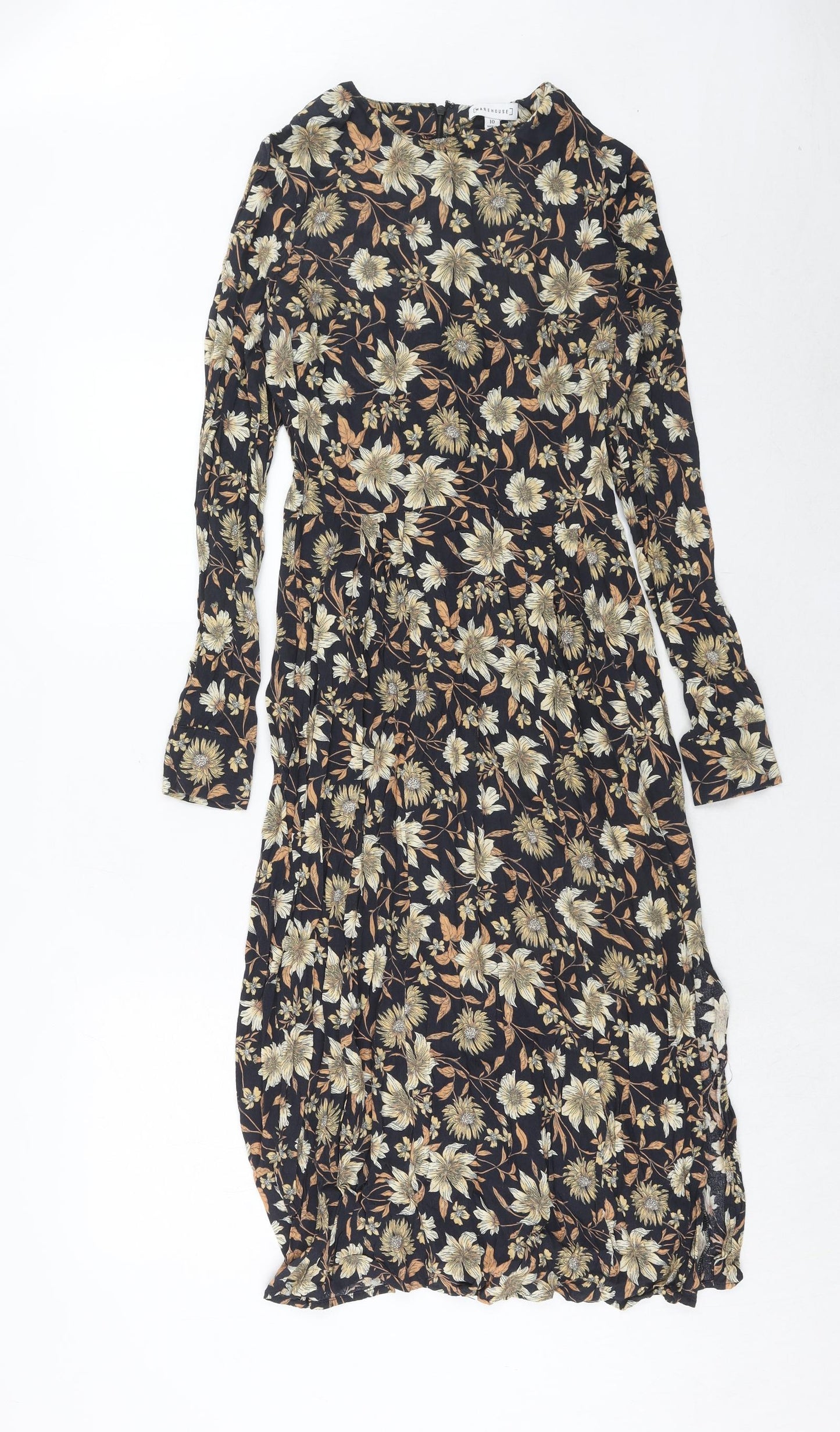 Warehouse Womens Blue Floral Viscose A-Line Size 10 Round Neck Zip