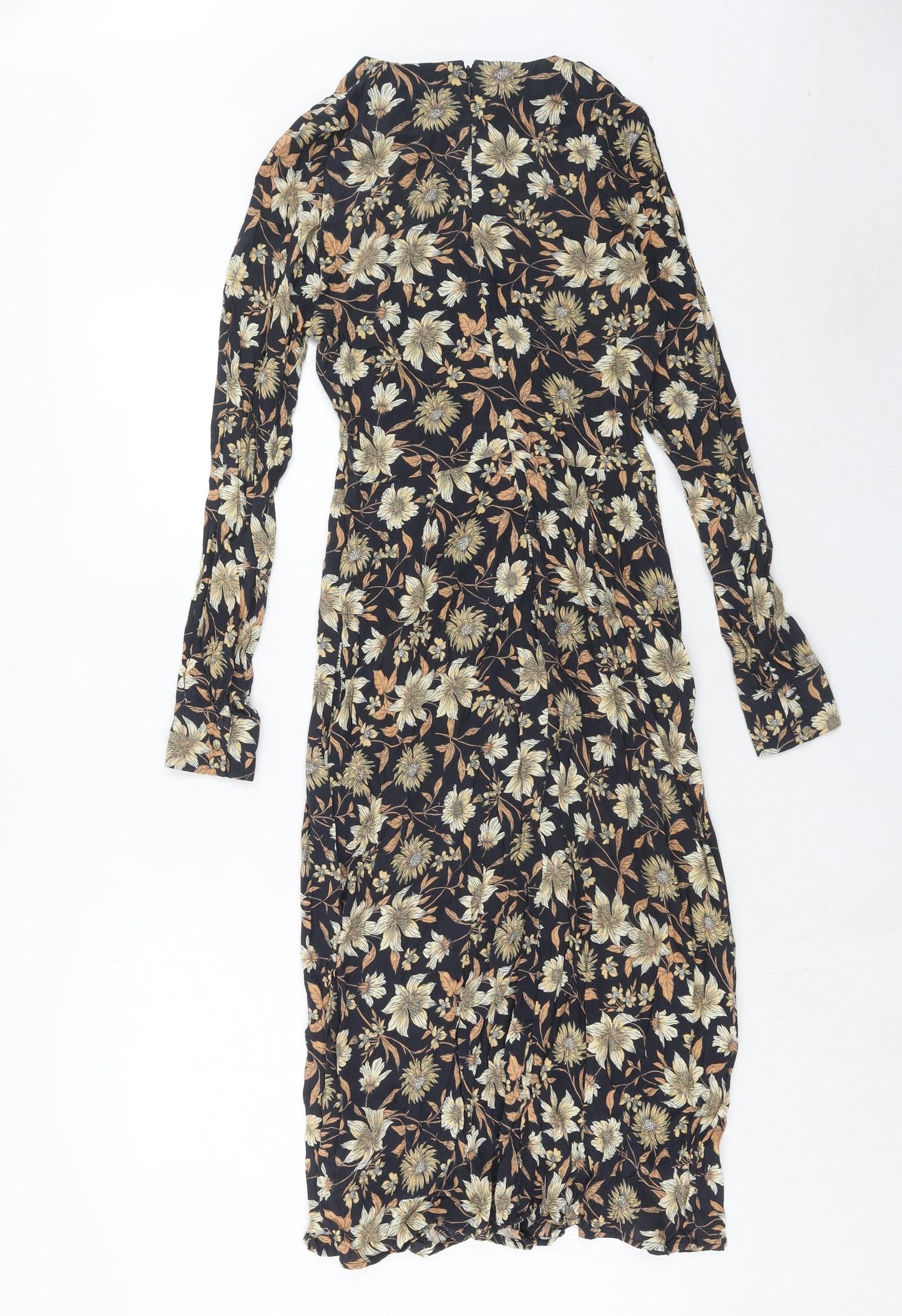 Warehouse Womens Blue Floral Viscose A-Line Size 10 Round Neck Zip