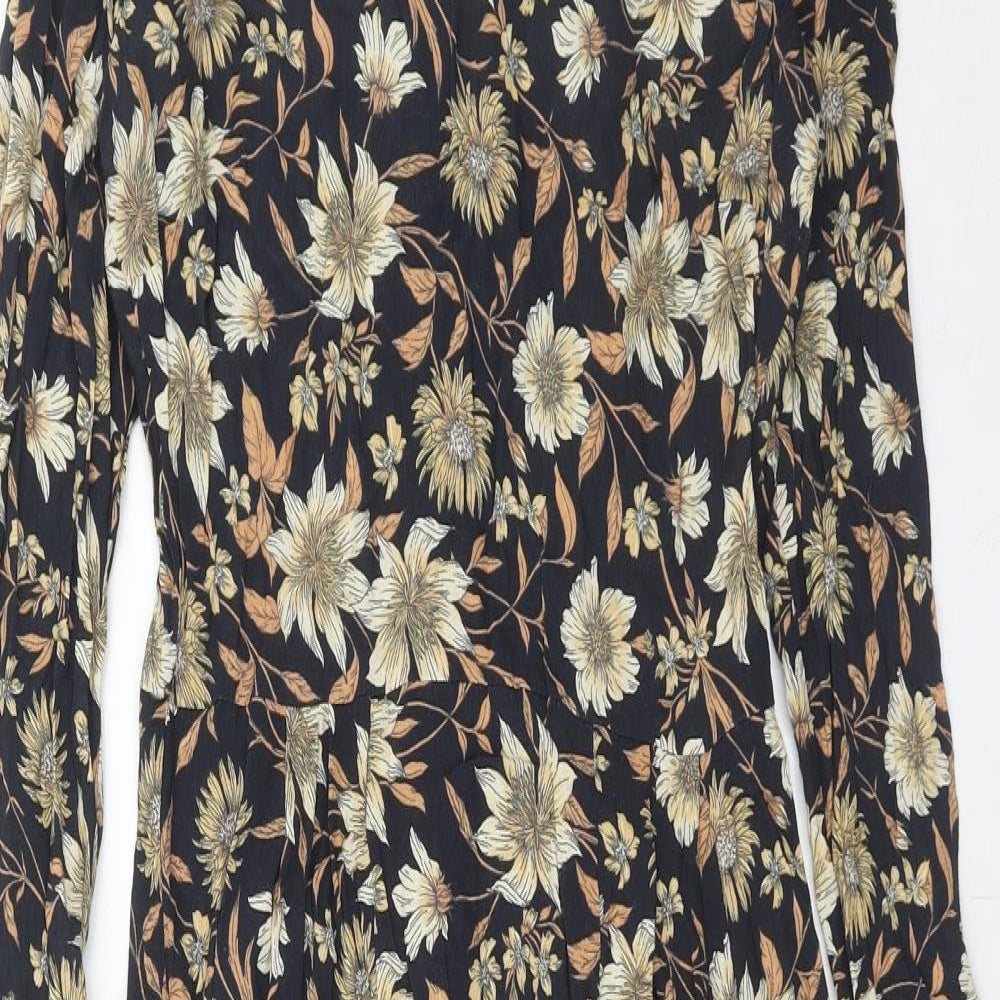Warehouse Womens Blue Floral Viscose A-Line Size 10 Round Neck Zip