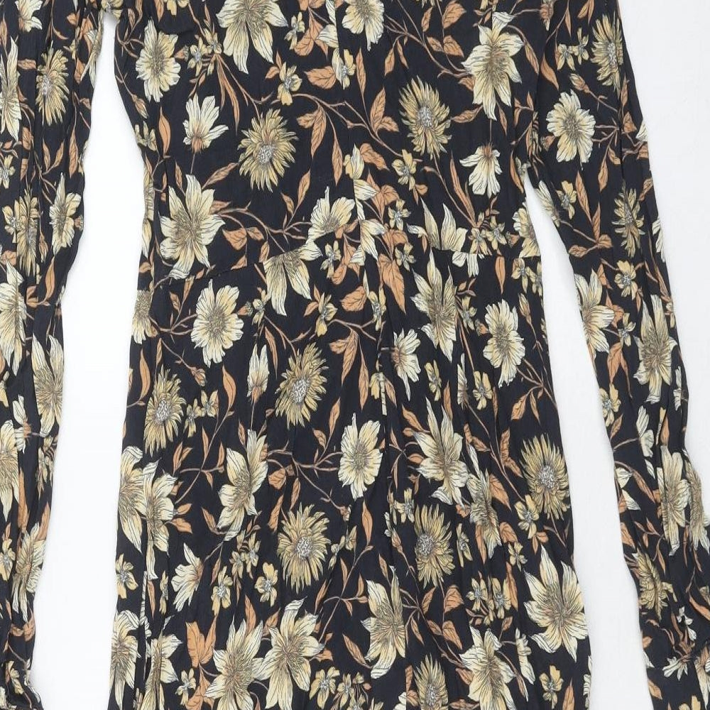 Warehouse Womens Blue Floral Viscose A-Line Size 10 Round Neck Zip