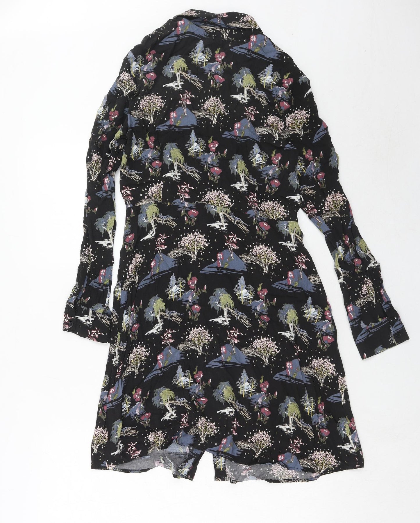Warehouse Womens Black Geometric Viscose Shirt Dress Size 14 Collared Button