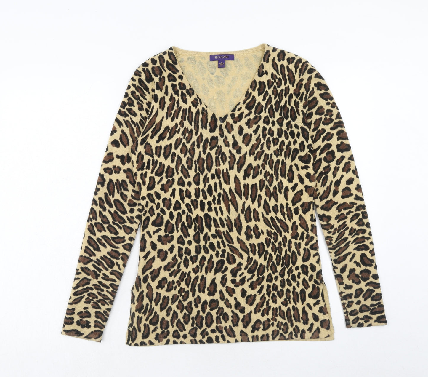 Bogari Womens Brown V-Neck Animal Print Acrylic Pullover Jumper Size S - Leopard Pattern