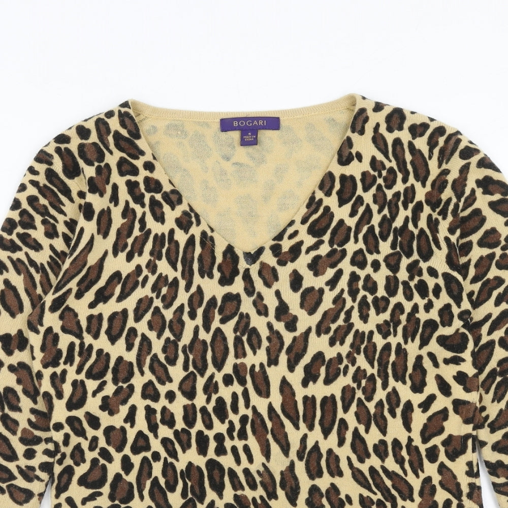 Bogari Womens Brown V-Neck Animal Print Acrylic Pullover Jumper Size S - Leopard Pattern