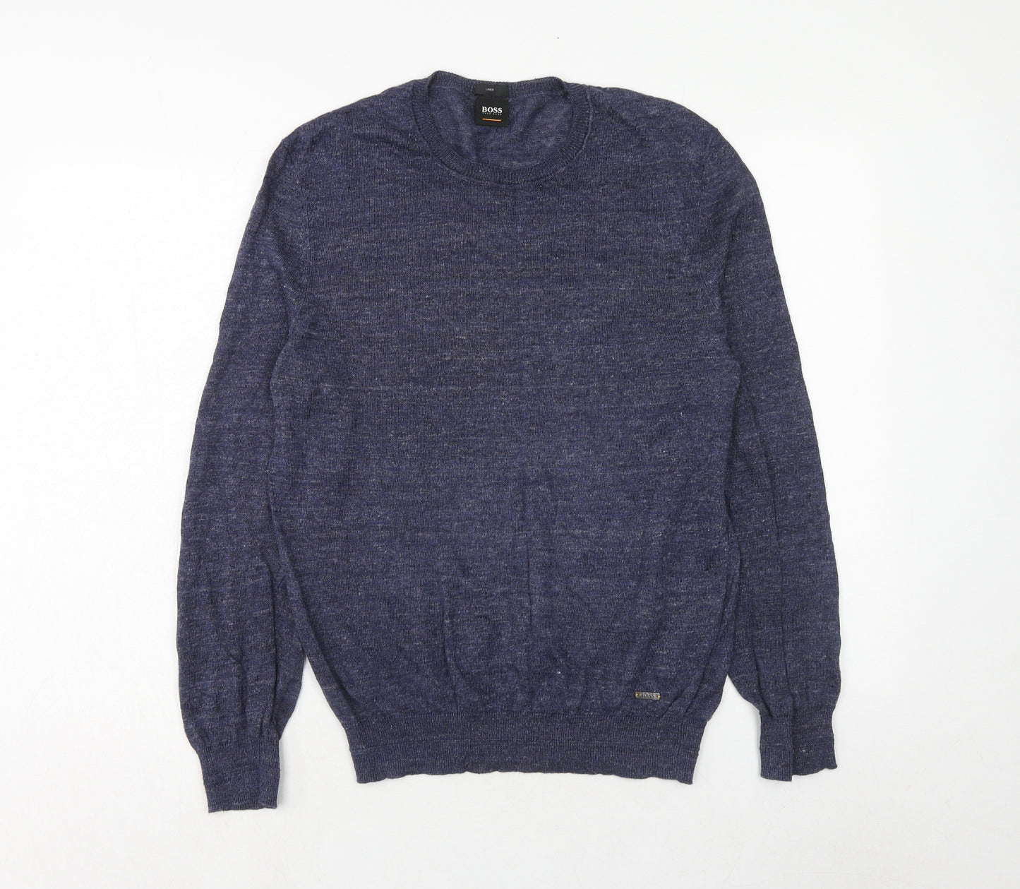 HUGO BOSS Mens Blue Round Neck Linen Pullover Jumper Size M Long Sleeve