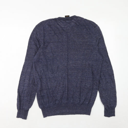 HUGO BOSS Mens Blue Round Neck Linen Pullover Jumper Size M Long Sleeve