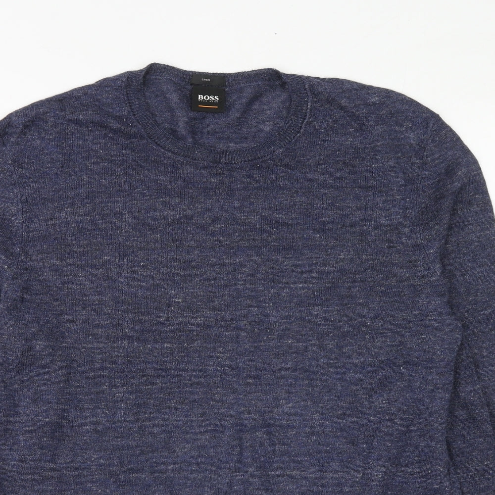 HUGO BOSS Mens Blue Round Neck Linen Pullover Jumper Size M Long Sleeve