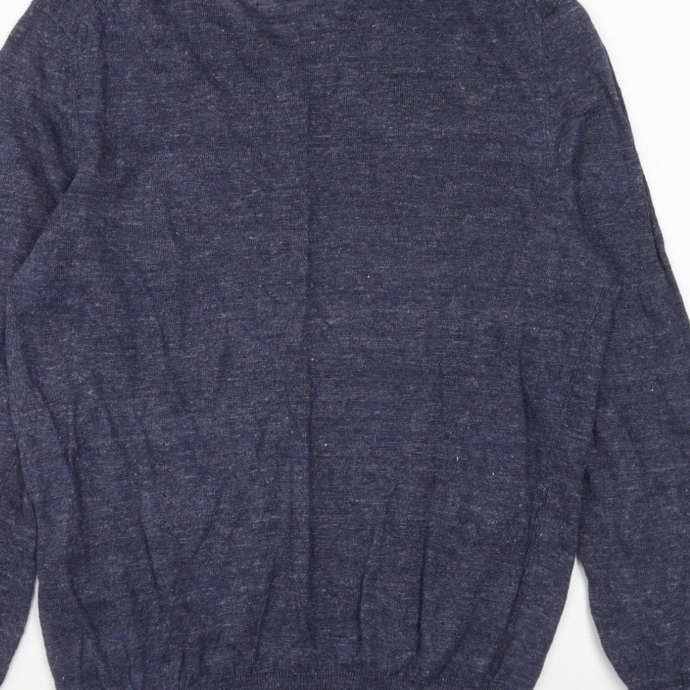 HUGO BOSS Mens Blue Round Neck Linen Pullover Jumper Size M Long Sleeve
