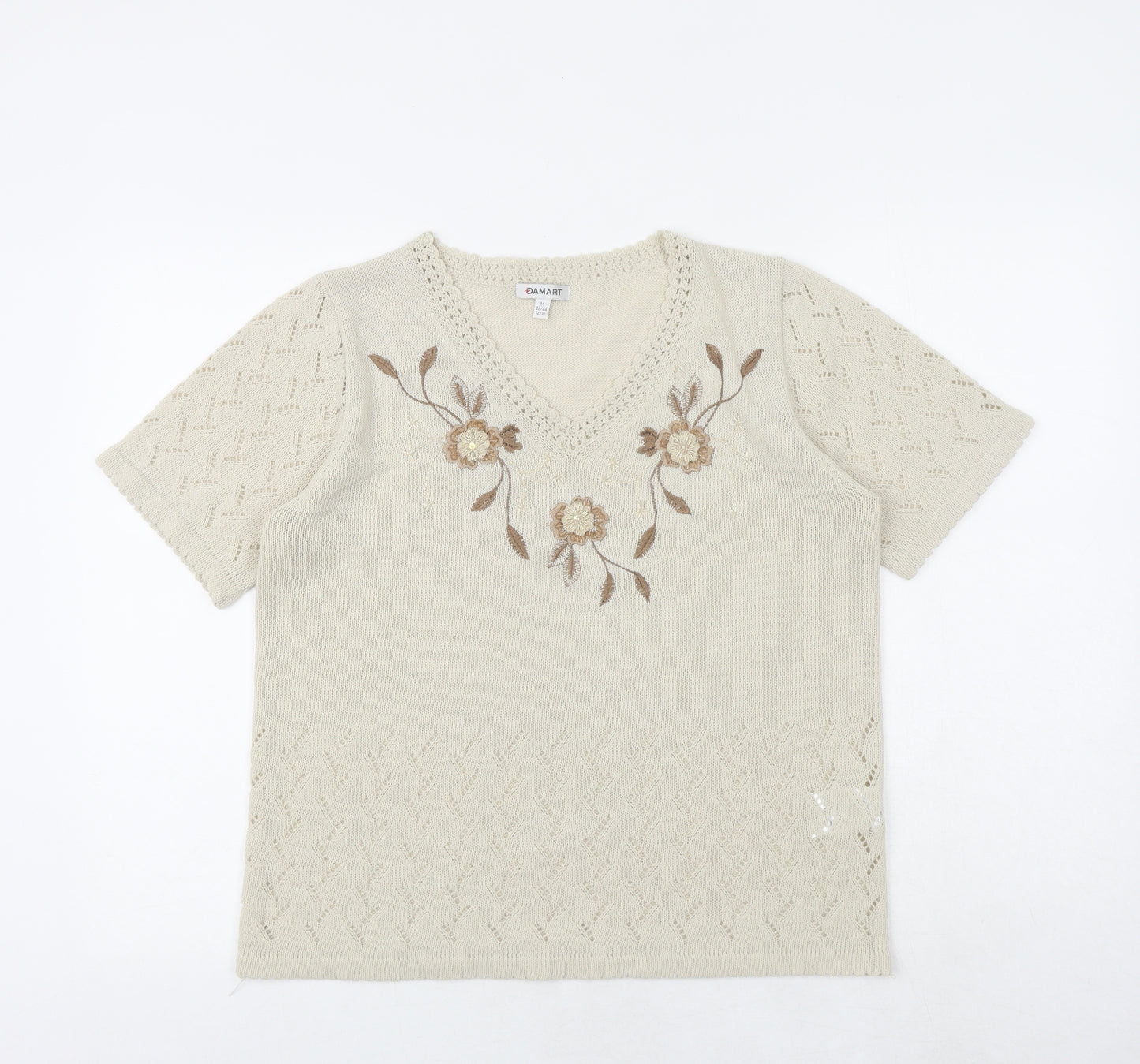 Damart Womens Beige Acrylic Basic T-Shirt Size 14 V-Neck - Size 14-16