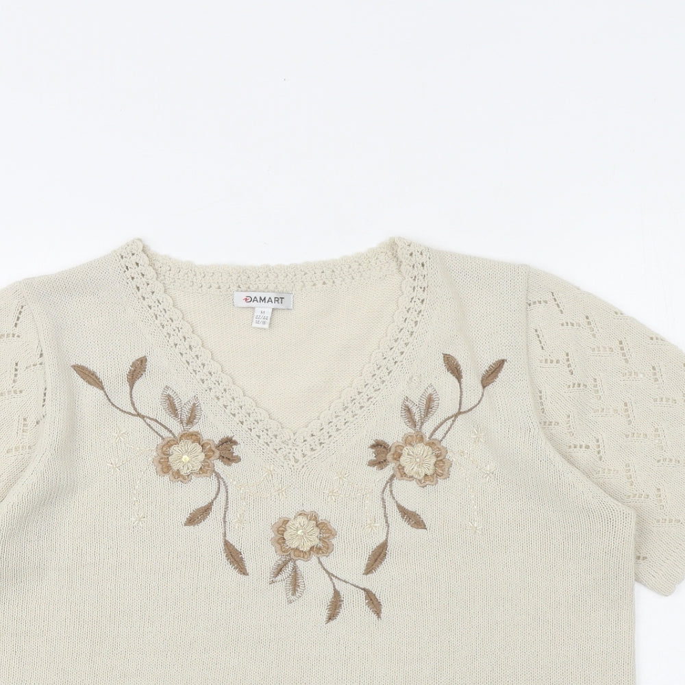 Damart Womens Beige Acrylic Basic T-Shirt Size 14 V-Neck - Size 14-16