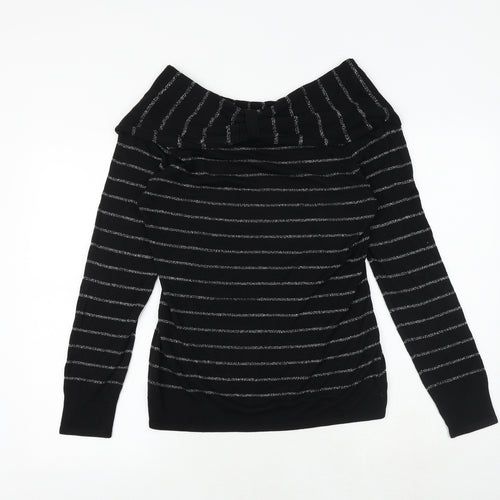White House Womens Black Round Neck Striped Viscose Pullover Jumper Size M