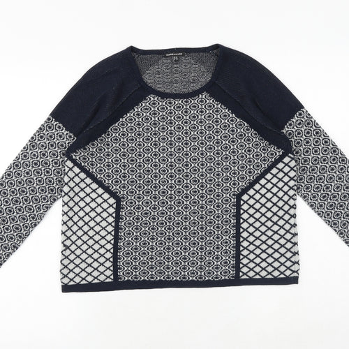 Warehouse Womens Blue Round Neck Geometric Cotton Pullover Jumper Size 10